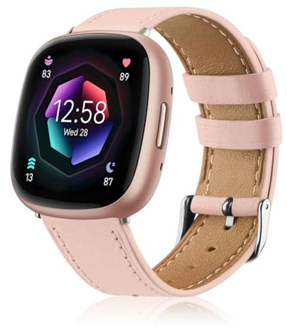 OFFCUP Leder Armband Kompatibel mit Fitbit Versa 3/ Versa 4/ Fitbit Sense/Sense 2 Band mit Edelstahl-Verschluss Uhrenarmband Sports Watch Armbänder für Damen Herren Lederband Ersatzband -Rosa