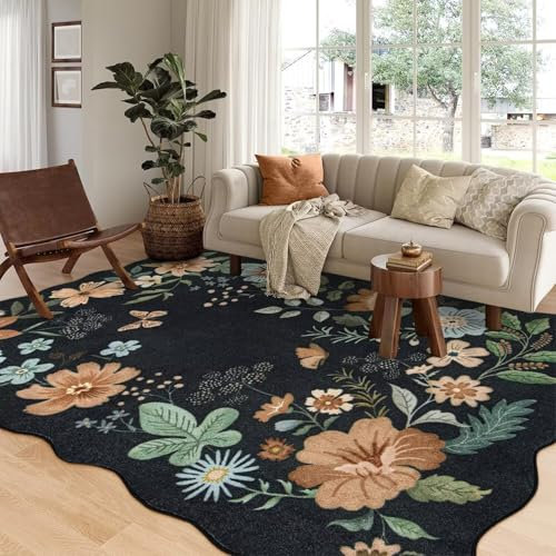 Teppich Boho Blumen Rutschfester Waschbar Weicher Vintage Extra Große Teppich Wohnzimmer 140x200 cm Schwarz Kurzflor Unregelmäßig Geformte Flächenteppich für Wohnzimmer Schlafzimmer Kinderzimmer