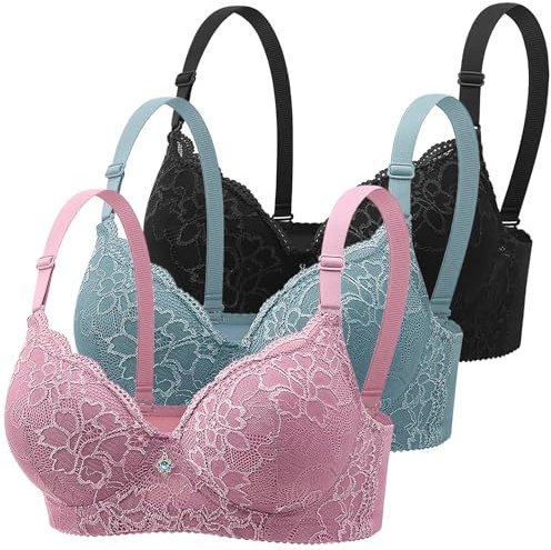 Klassische Spitzen BHS Damen mit Bügel 3er Pack Push Up BH mit Verstellbarem Bustier Komfort Nahtlos BH Set Gepolstert Sexy Trainings Schlaf Sport BH Unterwäsche Alltag Yoga Joggen