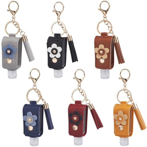 SUNNYCLUE 6 Stück 6 Farben Handdesinfektionsflasche Schlüsselanhänger Reiseflaschenhalter Schlüsselanhänger Bunte Kleine Florid 30 ml Leer PU Kunstleder Tragbare Schlüsselanhänger Für Toilettenartikel