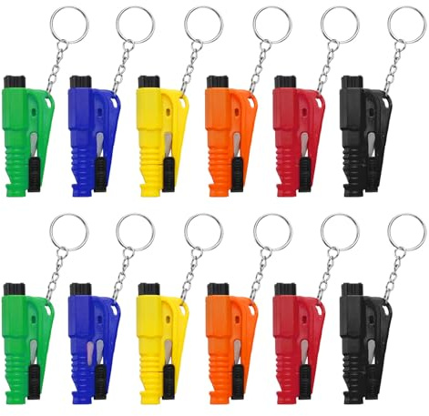 BLINGOOSE 12 Stück Gurtschneider und Glasbrecher Schlüsselanhänger 3-in-1 Mini Auto Fluchtwerkzeug Notfallhammer Car Rescue me Überleben Pfeifen Sicherheit Werkzeuge 6 Farben