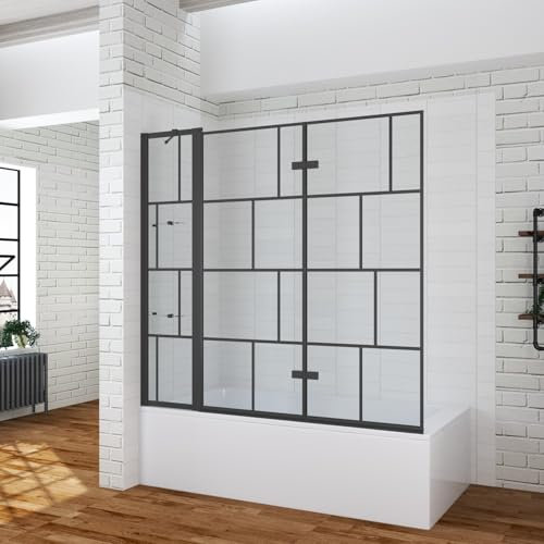 Duschwand für Badewanne 150x140 cm 3 Teilig faltbar schwarz Badewannenaufsatz Dusche Glas Duschtrennwand Badewannenfaltwand mit Wand feststehend Duschablage Eckregale 5 mm Sicherheitsglas klar NANO