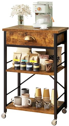 IBUYKE Kitchen Bakers Rack with Drawers,3-Tier Microwave Oven Stand with Storage, Coffee Bar Table with Wheels,Adjustable Shelf,Simple Assembly,Rustic Brown TMJ030H