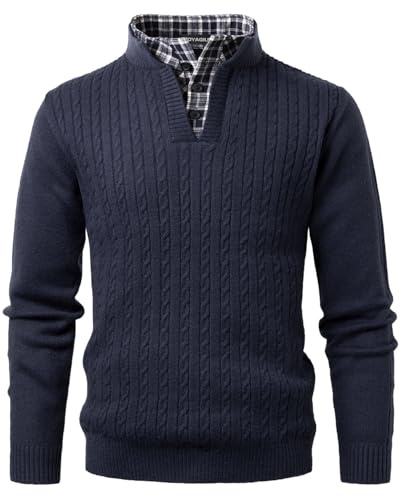Voyagile Jersey Hombre con Cuello Camisero Suéter Tejido de Punto Trenzado Jerséis Sudadera de Manga Larga