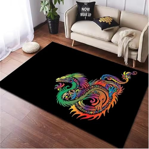 GNALEIEOG Teppich mit Drachenmotiv für Wohnzimmer, rutschfeste Fußmatte mit magischem Kreaturenmotiv 80×120cm