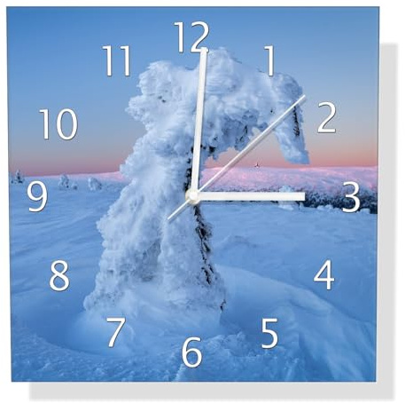 Wallario Design-Wanduhr Schneeskulptur aus Glas, Motiv-Uhr Größe 30 x 30 cm, weiße Zeiger