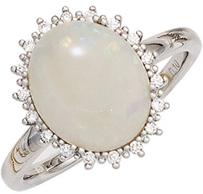 Schmuck Krone Ring Damenring mit Opal & 18 Diamanten Brillanten 585 Gold Weißgold Opalring, Ringgröße:Innenumfang 56mm ~ Ø17.8mm