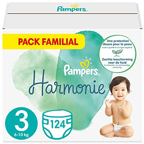 Pampers Couches Taille 3 (6-10 kg), Harmonie, 124 Couches Bébé (Lot de 4 x 31), 0% de compromis, 100% d'absorption, Ingrédients d'origine végétale, Hypoallergéniques