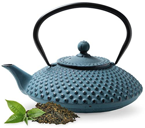 Tealøv TEEKANNE GUSSEISEN 1,25 Liter | Gusseiserne Teekanne im Japanischen Stil | Gusseisen Teekanne mit Sieb aus Edelstahl | Hervorragende Wärmespeicherfähigkeit | Langlebig | Kambin | Blau