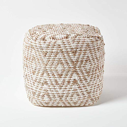 Homescapes Sitzwürfel Sierra 40x40 cm, Pouf mit Ethno-Muster handgefertigt in Natur & Weiß, Fußhocker aus Jute & Baumwolle mit Sitzsack-Füllung