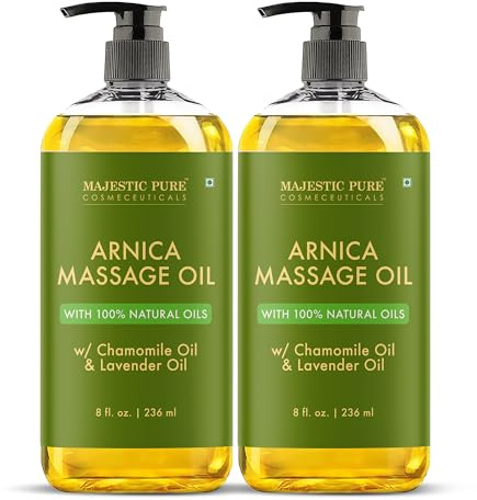 MAJESTIC PURE Arnica Sore Muscle Massage Oil for Massage Therapy-Refreshing & Relaxing-Natural Oils Lavender & Chamomile Essential Oils-All Skin Types- Men & Women Massage Lotion- 8 fl oz (Pack of 2)