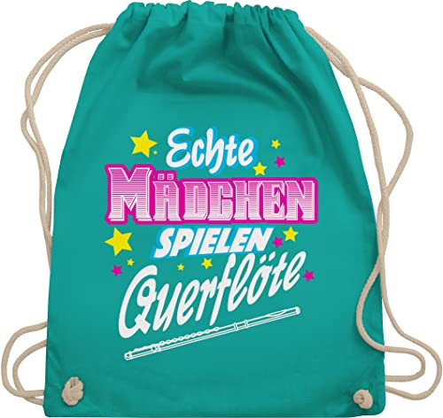 Turnbeutel Rucksack - Musik Instrument Zubehör - Echte Mädchen spielen Querflöte - Unisize - Türkis - querflötentasche instrumente kind querfloete beutel für musiker querflöten sportsack