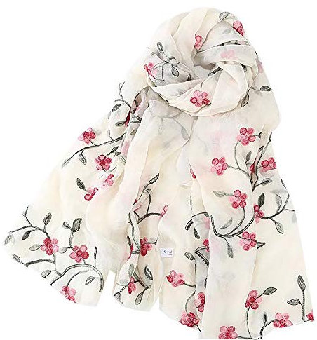 Pluto & Fox Damen Foulard bestickt mit Blumen Seidenschal Elegantes Retro-Design Schal Halsstola (Beige)