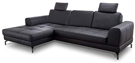 CAVADORE Ledergarnitur Benda / Großes Ecksofa mit XL-Longchair links & Federkern / Inkl. Sitztiefenverstellung & Kopfstützen / 284 x 87 x 175 / Echtleder: schwarz