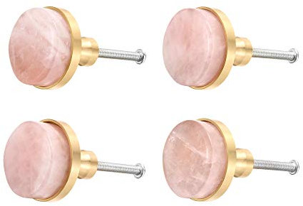 WarmHut Crystal Cabinet Knobs 4pcs Set, Rose Quartz Healing Crystal Stone Round Dresser Knobs, Modern Stone Drawer Pulls, for Decorative Cabinet Cupboard Knobs