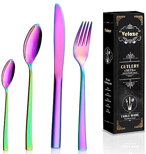 Velaze Besteck Regenbogen, Besteck Set 6 Personen, Essbesteck Set 24 Stück inkl. Löffel, Gabel, Messer und Teelöffel, Buntes Besteckset aus Edelstahl, Perfekt für Familien und Restaurants