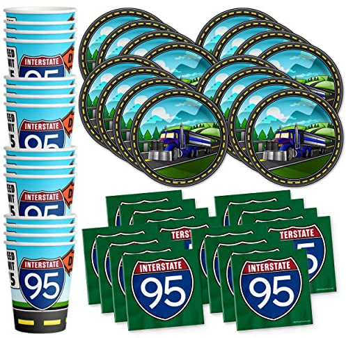 Semi Truck (Tractor Trailer) Birthday Party Supplies Set Plates Napkins Cups Tableware Kit for 16