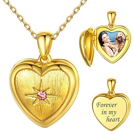 SILVERCUTE 925 Silber Foto Kette personalisiert Herzanhänger mit Geburtsstein zum Öffnen mit Rolokette 18k vergoldet Herz Medaillon für Photo Bild Amulett Valentinstag Weihnachten Schmuck