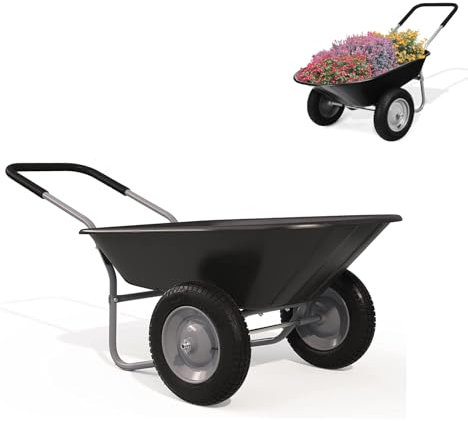 GYMAX Carretilla de Jardín de 100 litros de Volumen con 2 Neumáticos de Aire, Carretilla de Transporte con Asa, Carretilla de Construcción de hasta 100 kg, Apto para Patio y Almacén (Negro)