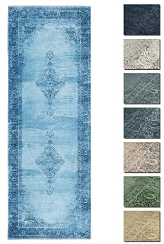 TESSO LIVING Kelim Vintage Teppich Wohnzimmer Jeans Blau 80 X 290 cm - Moderner Kurzflor Teppich - Super Soft