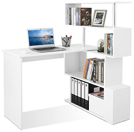 Mondeer Bureau Blanc, Bureau d‘Ordinateur avec Étagère Rangement à Quatre Niveaux, Table de Travail PC Table pour Salle d‘Etude, 157 x 45 x 130,5 cm