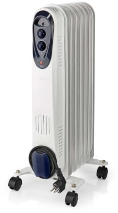 NEDIS HTOI30WT7 Mobiler Öl Radiator | 600/900 / 1500 W | 7 Fins | Verstellbares Thermostat | 3 Wärmeeinstellungen | Stolperschutz | Weiss