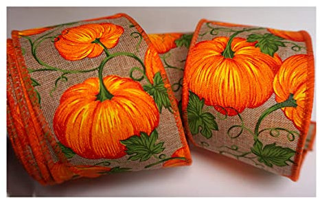 Geschenkband mit Drahtkante, Herbsternte, Vintage-Stil, 6,3 cm, Orange / Kürbis-Jute, 3 m