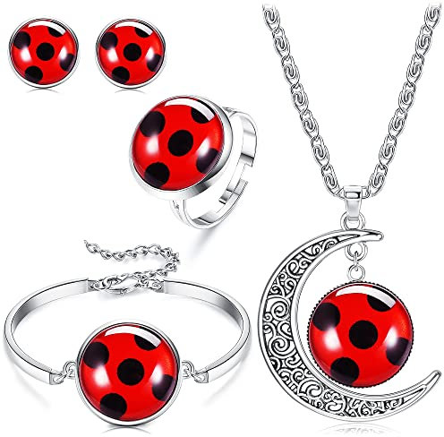 Chriscoco Viel Glück Marienkäfer Schmuck Rot Marienkäfer Armband Mond Halskette Ring Ohrstecker Set Marienkäfer Liebhaber Geschenk Insekt Wunsch Glücksgeschenk für Damen Mädchen