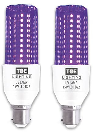 TBE LIGHTING UV LED Bulb - 15w Ultra Violet Black Light Bulbs - 2 Pack - B22 Standard Bayonet Fitting - 395-400nm wavelength, Energy Saving Long Life LED Bulb