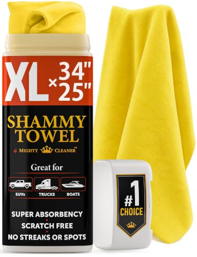 Mighty Cleaner Premium Auto-Shammy – XL Größe (63,5 x 86,4 cm) – Super saugfähiges Fensterleder – Kratzfrei – Keine Streifen und Flecken – Gelb, PVA