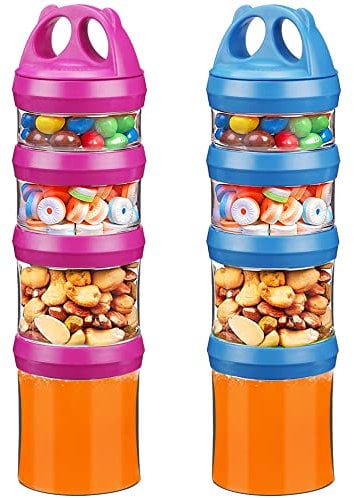 BeneLabel Snackdose Stapelbar, 2er Snackbox mit 4 Fächern Deckel Kinder Snackturm Behälter Aufbewahrungsbox 917ml Artikel Spender für Unterwegs Arbeit, Auslaufsicher & BPA Frei, Rot/Blau