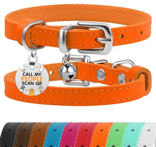 BRONZEDOG Katzenhalsband aus Leder mit Glöckchen, Nicht abreißbar, QR-Tag für Mädchen und Jungen (Orange und Silber, 18-23 cm)