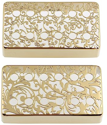 LYWSMSK Humbucker Gitarren-Tonabnehmer-Abdeckung, Messing, 12 Löcher, 50 mm/52 mm, Stangenabstand, Blumenmuster, Gold, 2 Stück