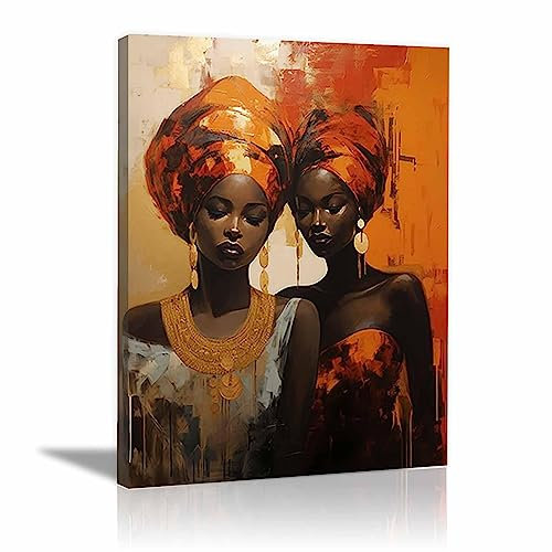 JOSUE Sœurs africaines brunes et dorées Impression sur Toile Art Moderne Tableau De Peinture Deco Salon,Deco Chambre Adulte,DéCoration Cuisine - 50x70cm Encadrée