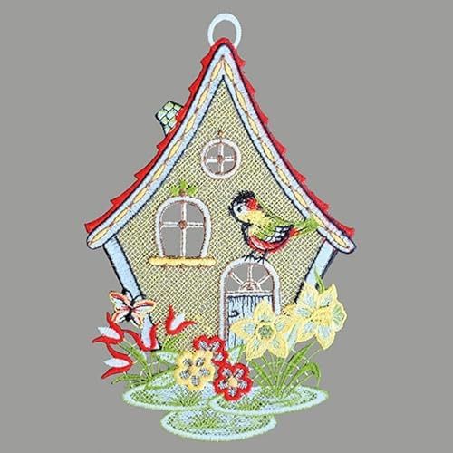 Fensterbild Fensterdeko Fensteranhänger aus Spitze Plauener Stickerei verschiedene Motive mit Saugnapf (Gartenhäuschen)