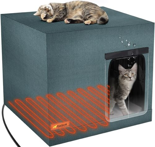 GASUR Großes Beheiztes Katzenhaus für Outdoor-Katzen im Winter - Hoch Erhöhter Boden, Wasserdicht & Isoliert, Feral-Katzenhaus Mit Heizkissen, Warmes Haus für Draußen Streunende