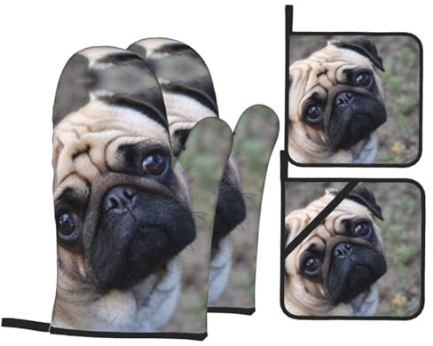 Ofenhandschuhe und Topflappen mit Mops-Motiv, hitzebeständig, für Grillen, Kochen, Mikrowelle, leicht zu reinigen, 4-teiliges Set