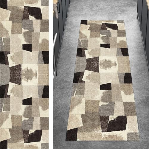 Ymural Teppichmatten Teppich Läufer Flur Lang Patchwork 40x250CM Beige Braun Kücheläufer rutschfest Meterware Teppichläufer Waschbar Kurzflor Polyester Korridor, Breite 40-120cm