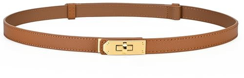 HATOFES Damen Skinny Leder Gürtel Klassische Legierung Turn Lock Damen Verstellbarer Ledergürtel Schlanker dünner Taillengürtel Bund Dekorativer Gürtel für Jeans (Karamell/Gold)