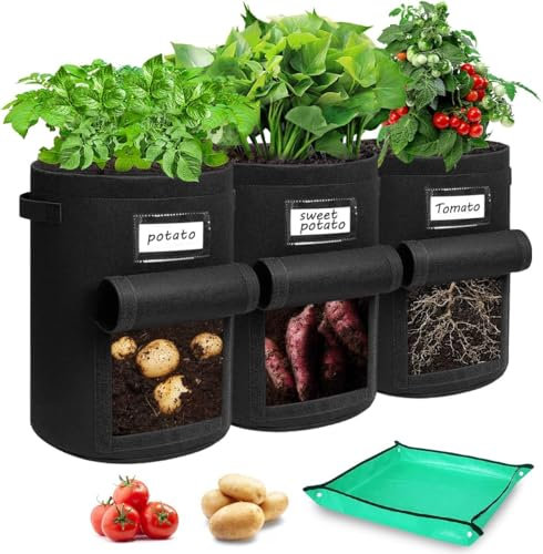 Airminti 3 Stück Kartoffel Pflanzsack 50L, 13 Gallonen Vliesstoff Kartoffelsack mit Sichtbarer Klappe & Arbeitsmatte, Wiederverwendbare Pflanzsäcke mit 10 Namensetiketten für Kartoffeln,Tomaten,Blumen