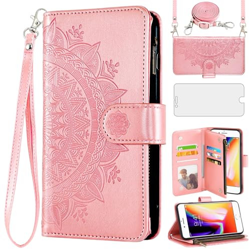 Asuwish Handyhülle für iPhone 7/8/SE 2020 2022 Hülle mit Band Schutzfolie Kartenfach Klappbar Leder Blumen Geldbörse Ständer i SE2020 SE2022 2/2nd 3/3rd Generation 7s 8s 6SE SE2 SE3 Case Rosegold