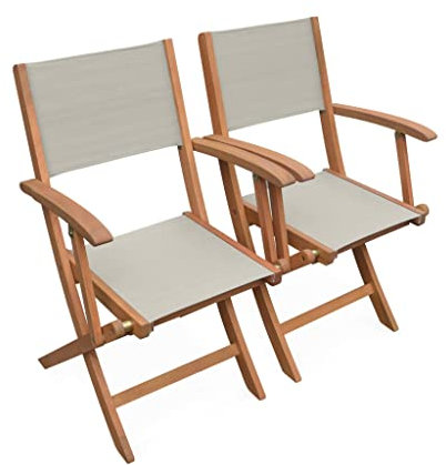 Alice's Garden - Gartensessel aus Holz und Textilene - Almeria Taupe grau - 2 Klappsessel aus geöltem Eukalyptusholz und Textilene