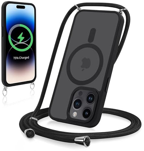 Yoedge Magnetische Handyband für iPhone 15 Pro 6,1 Hülle mit Band, Handyhülle Kompatibel mit MagSafe, Matt Transluzente PC + TPU Stoßfest Schutzhülle mit Abnehmbar Kordel zum Umhängen Case, Schwarz