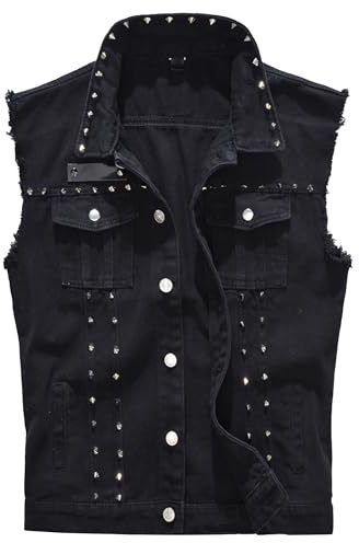 SWJGLITTR Herren Punk Rock Denim Weste Jacke Revers Weste mit Nieten Jacken Knopf Trucker Jeans ärmellose Westen, Schwarz, Medium