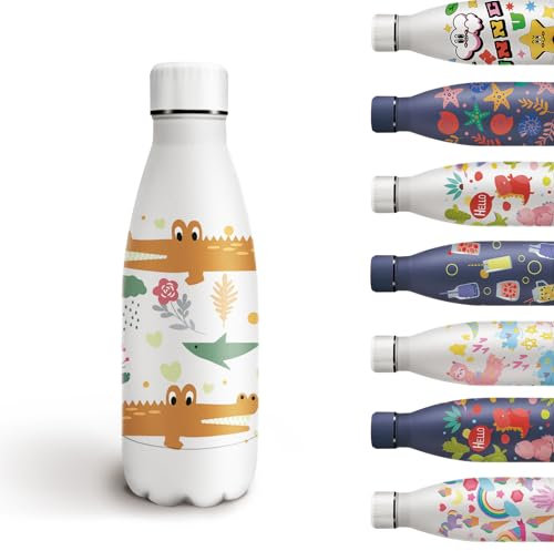 Grsta Gourde Enfant, 350ml Gourde Isotherme, Gourde Inox Sans BPA, Bouteille Isotherme Froid&Chaud, Bouteille d'eau isolation à 100% Fuite, pour l'école et la Maternelle, Motif de Crocodile