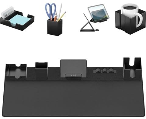 KDD Schreibtischunterlage 7-in-1 Schreibtisch Unterlegmatte Tischunterlage Klettverschluss DIY Schreibtisch Organizer Set für Ipad Ständer/Getränkhalter/Visitenkartenhalter/Stifthalter/Kabelmanagement