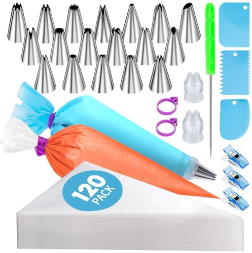 150 Pcs Piping Bags and Tips Set, Cakes Decorating Kit Supplies with 120 Pcs 12 Inch Piping Bags, 1 Reusable Pastry Bags, 18 Tips, 2 Couplers, 2 Bags Ties, 3 Clips, 1 Scriber Needle, 3 Cake Scraper