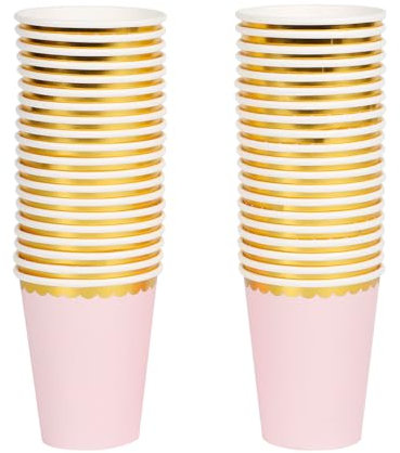 Geeklife Hellrosa Pappbecher mit metallischer Folie, gewellter Goldrand, goldfarbene dekorative Einweg-Party-Pappbecher, 297 ml, für Hochzeit, Party, Babyparty und Cocktail, 40 Stück