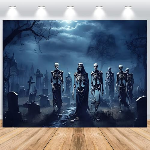 ASDCXZ Halloween Foto Hintergrund 3.6x3m, Terror Dunkel Friedhof Ruinen Skelett Geist Party Dekorieren Fotowand, Vinyl Hexe Magier Porträt Fotografie Banner