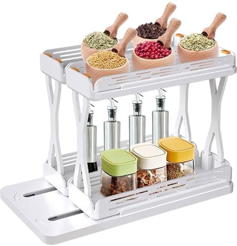 Étagère à épices à 2 niveaux, Rangement epices cuisine coulissant pour armoire, il suffit de tirer et de faire pivoter, Porte-épices base antidérapante, etagere epices cuisine pour comptoir, armoire